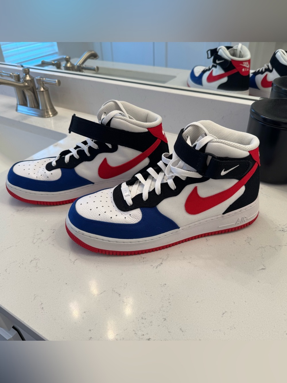 Nike men’s Air Force 1 High-Top Sneakers in Custom White, Red, Blue